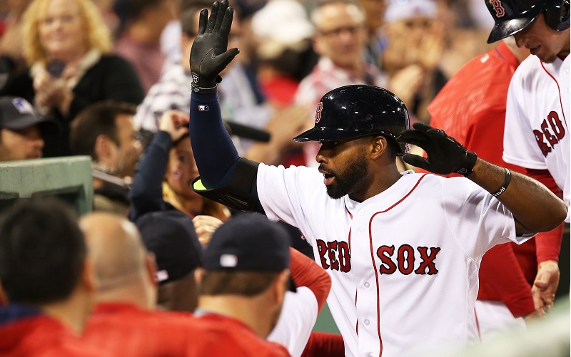BOSTON, MA - MAY 11: Jackie Bradley Jr. #25 of the Boston Red Sox returns to the dugout after hitting a two-run home run in the eighth inning during the game against the Oakland Athletics at Fenway Park on May 11, 2016 in Boston, Massachusetts. (Photo by Adam Glanzman/Getty Images)