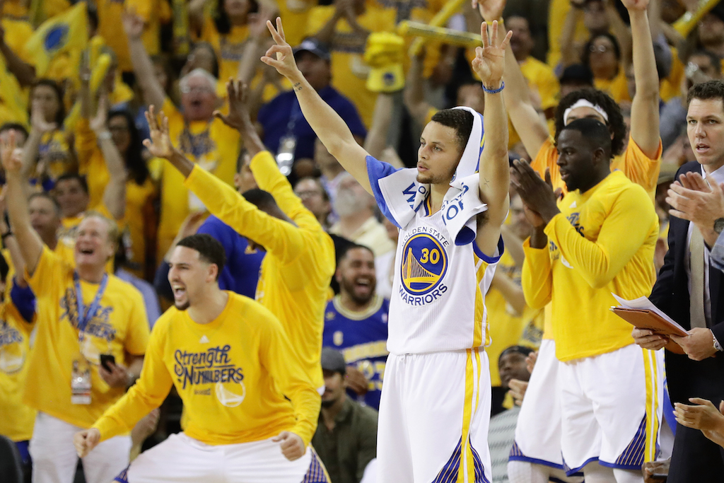 Golden State Warriors react on the bench during Game 5 of the WCF. | Ezra Shaw/Getty Images