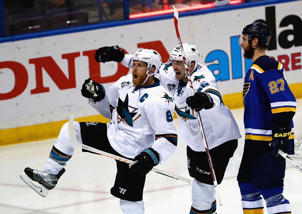 ST LOUIS, MO - MAY 23: Joe Pavelski #8 of the San Jose Sharks celebrates with Tomas Hertl #48 after scoring a third period goal against the St. Louis Blues in Game Five of the Western Conference Final during the 2016 NHL Stanley Cup Playoffs at Scottrade Center on May 23, 2016 in St Louis, Missouri. (Photo by Jamie Squire/Getty Images)
