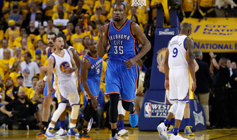 Kevin Durant of the Oklahoma City Thunder celebrates during the Game 1 victory over the Golden State Warriors. 