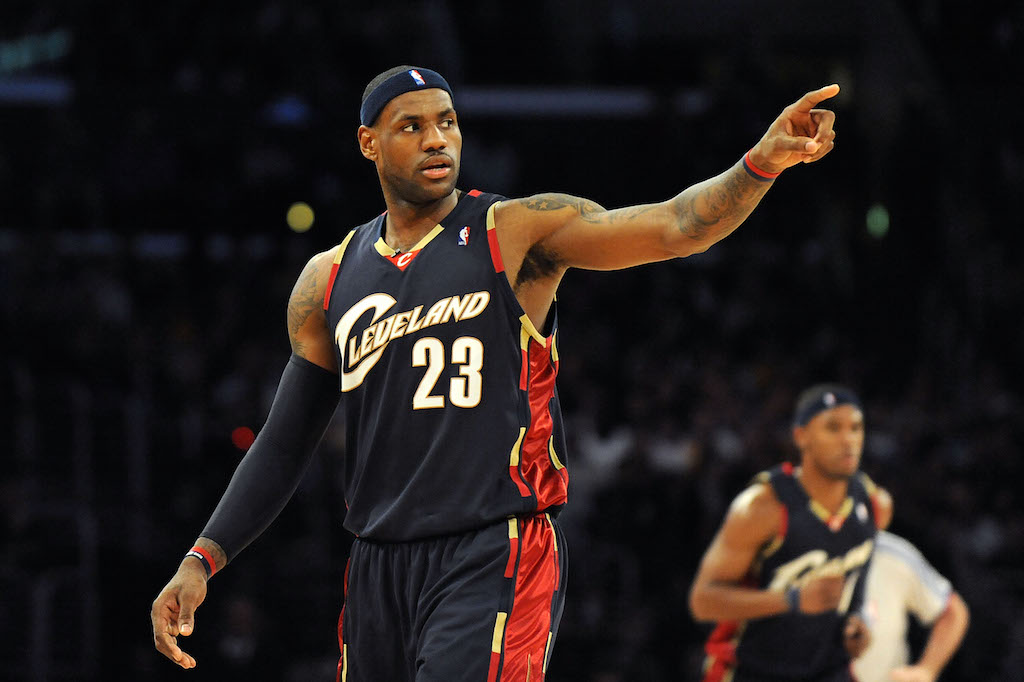 LeBron James gestures during a game.
