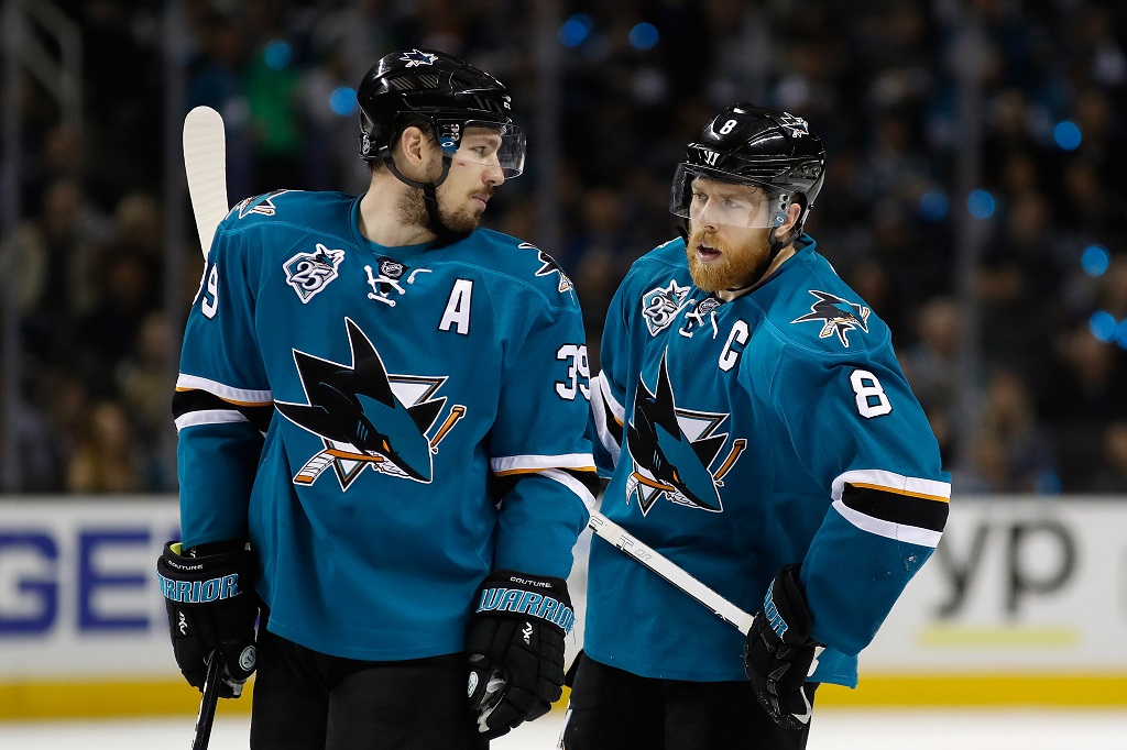 SAN JOSE, CA - MAY 21: Logan Couture #39 and Joe Pavelski #8 of the San Jose Sharks talk in game four of the Western Conference Finals against the St. Louis Blues during the 2016 NHL Stanley Cup Playoffs at HP Pavilion on May 21, 2016 in San Jose, California.
