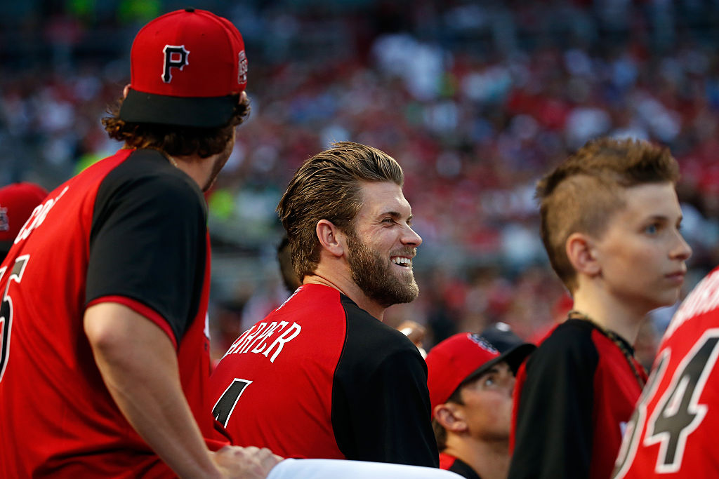 National League All-Star Bryce Harper #34 of the Washington Nationals laughs during the Home Run Derby.