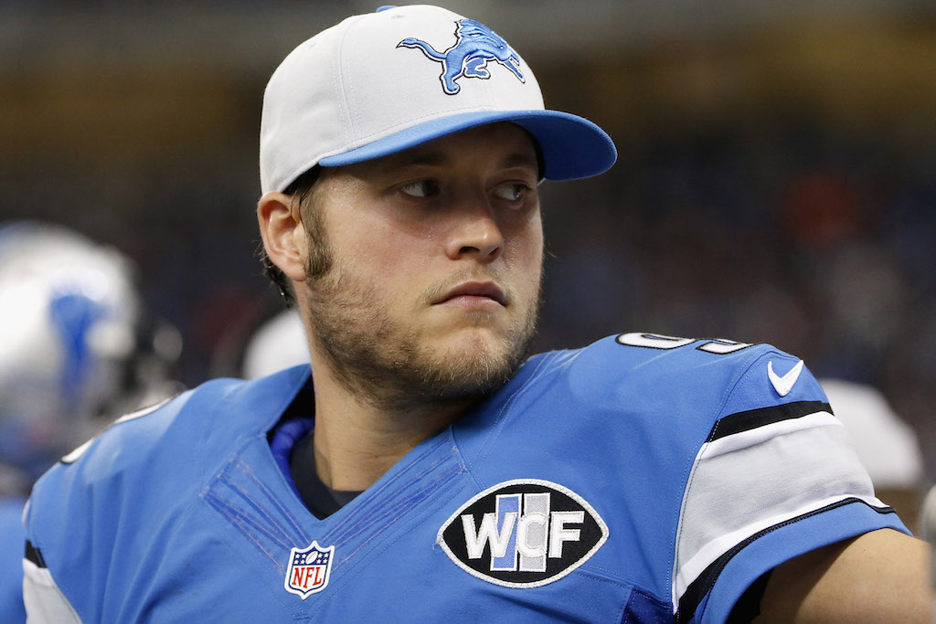 Matthew Stafford #9 of the Detroit Lions looks on from the sidelines.