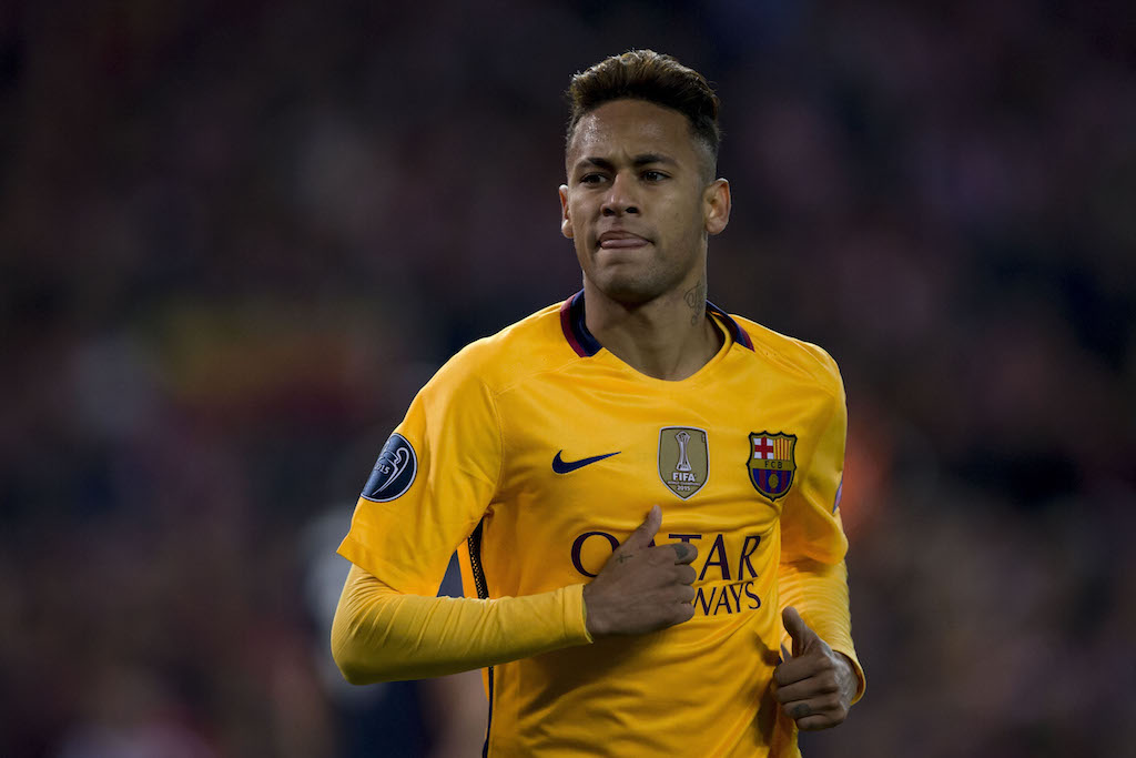Neymar reacts while playing for Barcelona. | Gonzalo Arroyo Moreno/Getty Images