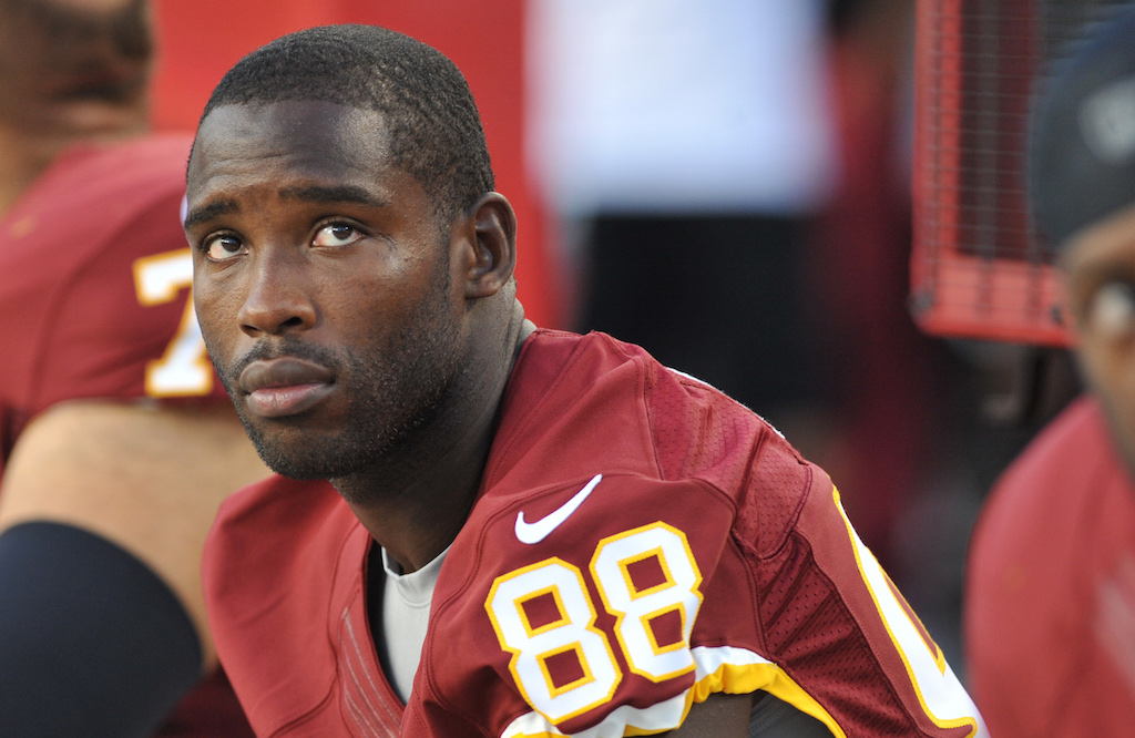 Wide receiver Pierre Garcon, now with the San Francisco 49ers, sits on the bench.