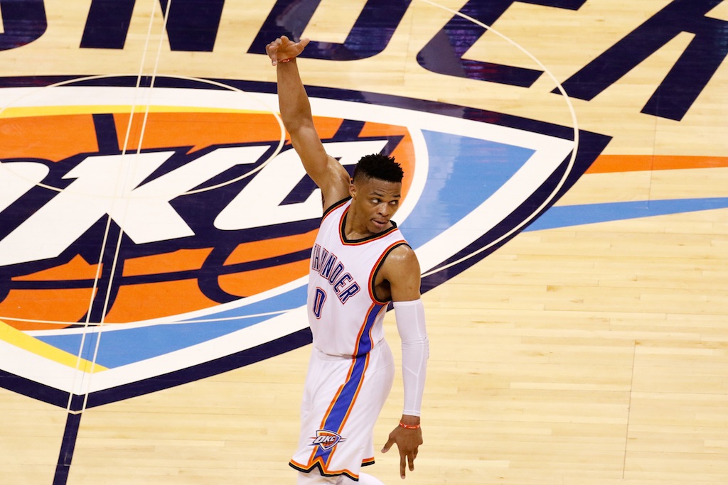 Russell Westbrook reacts to a play during Game 4 of the Western Conference Finals. | J Pat Carter/Getty Images