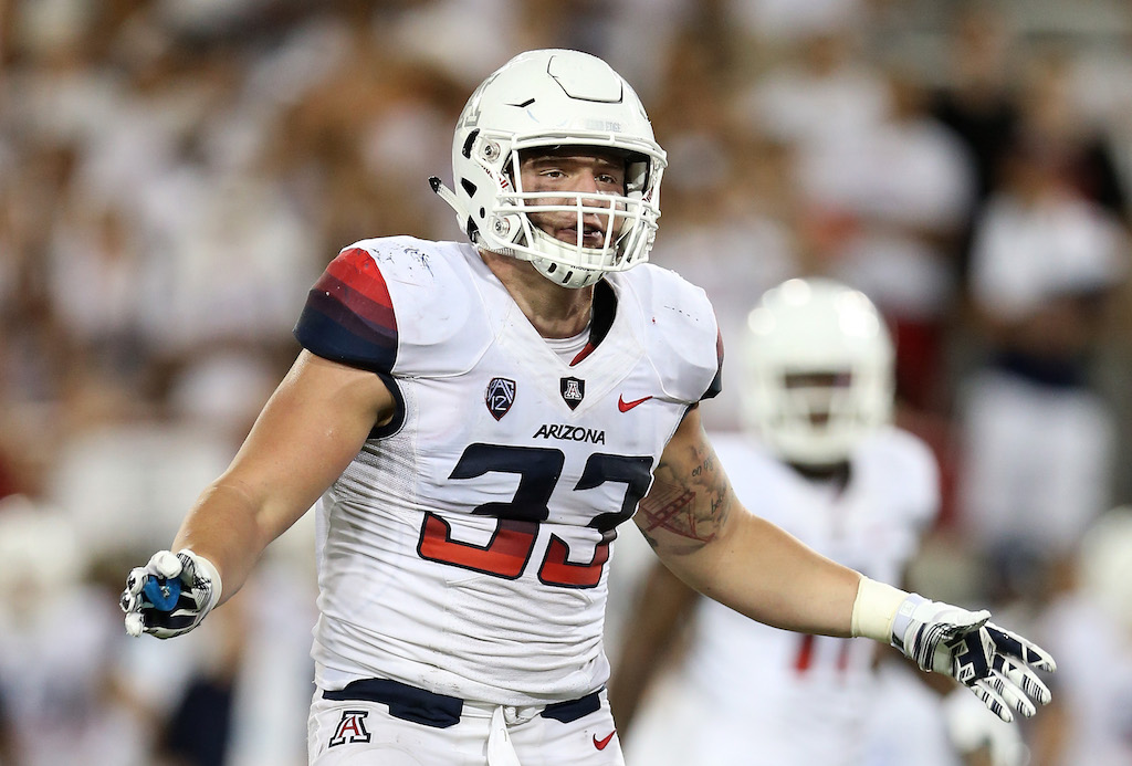TUCSON, AZ - SEPTEMBER 20: Linebacker Scooby Wright III #33 of the Arizona Wildcats during the college football game against the California Golden Bears at Arizona Stadium on September 20, 2014 in Tucson, Arizona. The Wildcats defeated the Golden Bears Wildcats 49-45. (Photo by Christian Petersen/Getty Images)