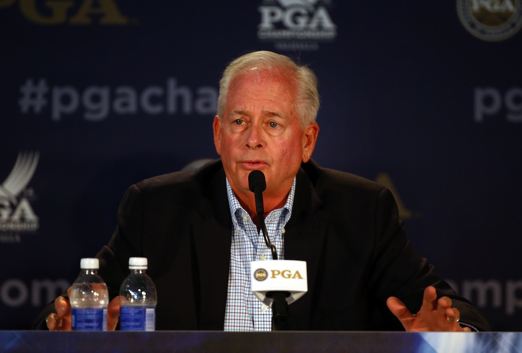 Ted Bishop speaks to the media prior to the start of the PGA Championship. 