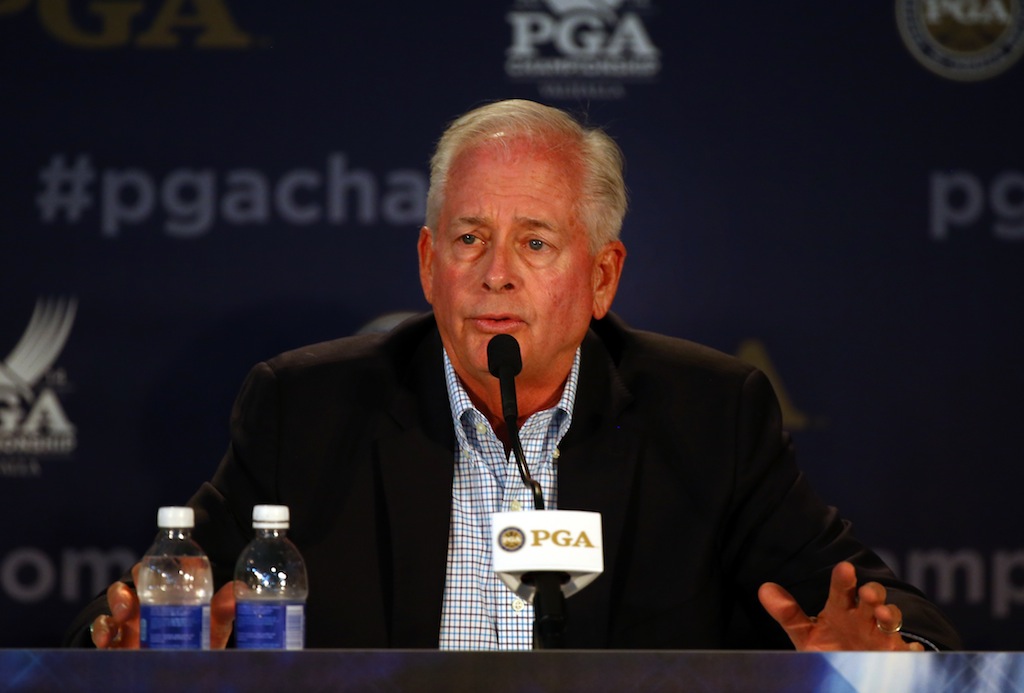 Ted Bishop speaks to the media prior to the start of the PGA Championship.