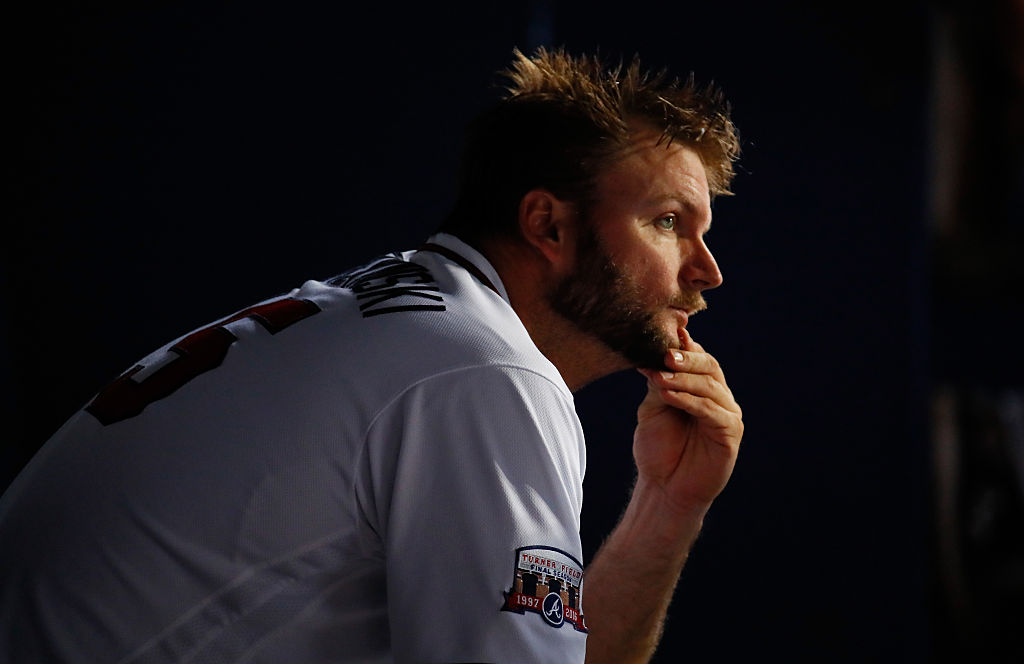 ATLANTA, GA - JUNE 01: A.J. Pierzynski #15 of the Atlanta Braves looks on from the dugout in the eighth inning against the San Francisco Giants at Turner Field on June 1, 2016 in Atlanta, Georgia. (Photo by Kevin C. Cox/Getty Images)