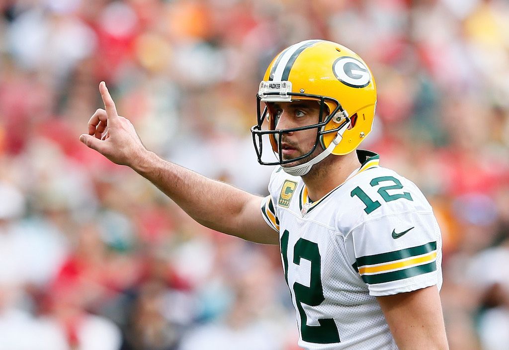 Aaron Rodgers prepares for a play.