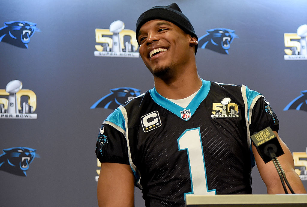 SAN JOSE, CA - FEBRUARY 04: Quarterback Cam Newton #1 of the Carolina Panther addresses the media during media availability prior to Super Bowl 50 at the San Jose Convention Center/ San Jose Marriott on February 3, 2016 in San Jose, California. (Photo by Thearon W. Henderson/Getty Images)