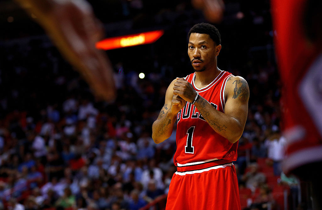 Derrick Rose of the Chicago Bulls looks on during a game.