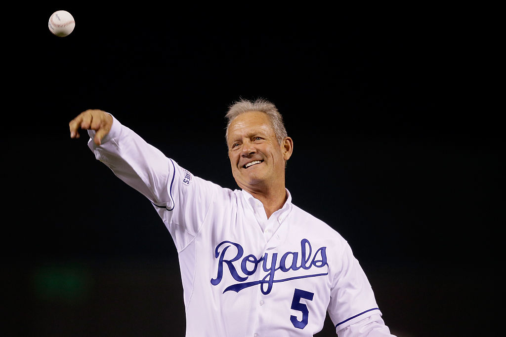 Hall of Famer George Brett throws out the ceremonial first pitch before Game 2 of the 2014 World Series. 