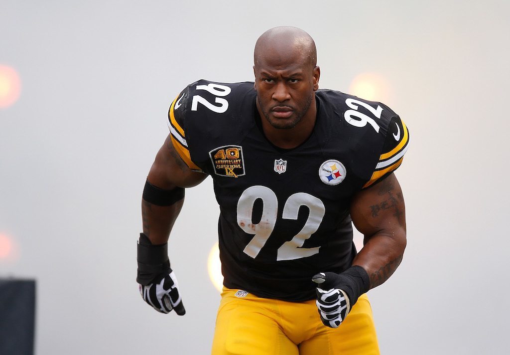 James Harrison of the Pittsburgh Steelers is introduced prior to a game.