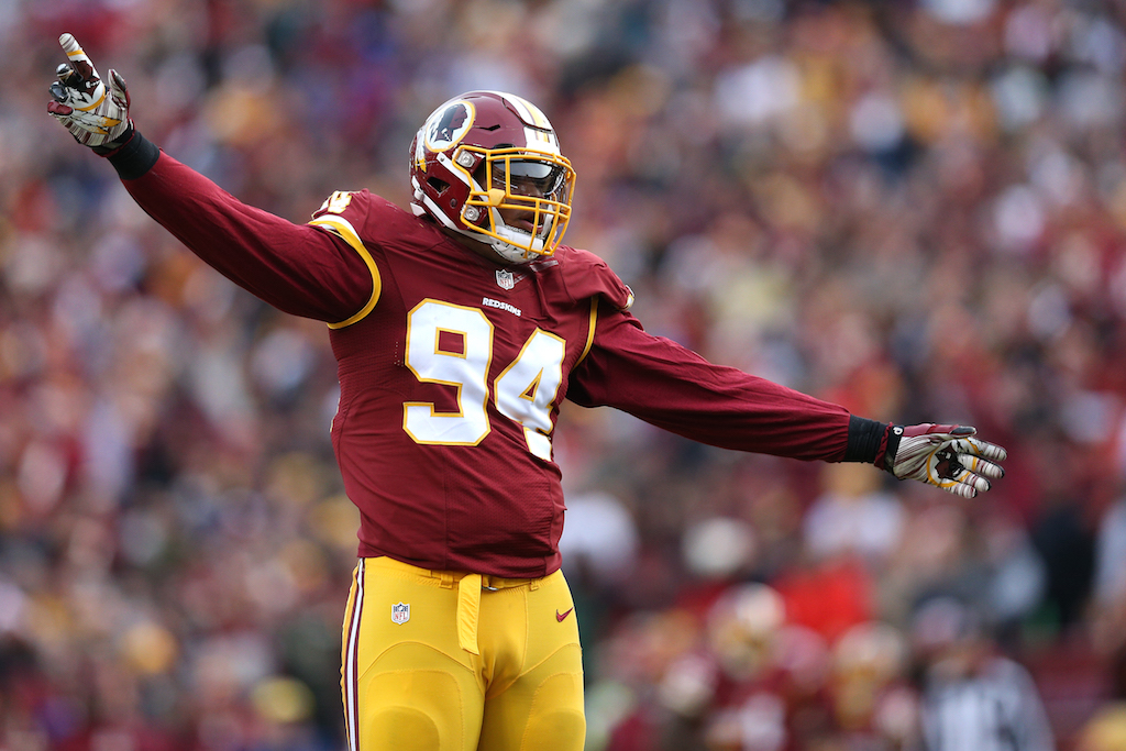 LANDOVER, MD - DECEMBER 20: Linebacker Preston Smith #94 of the Washington Redskins celebrates a tackle against the Buffalo Bills at FedExField on December 20, 2015 in Landover, Maryland. (Photo by Patrick Smith/Getty Images)