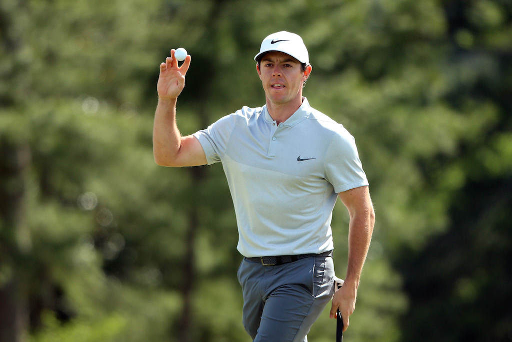 Rory McIlroy of Northern Ireland reacts on the 18th hole. Rory McIlroy of Northern Ireland reacts on the 18th hole.