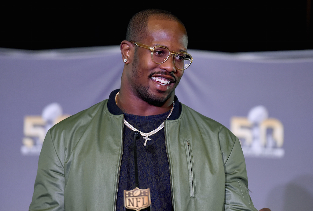 Super Bowl 50 MVP Von Miller #58 of the Denver Broncos addresses the media.