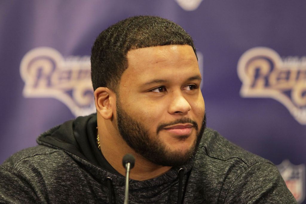 Aaron Donald speaks during a press conference.