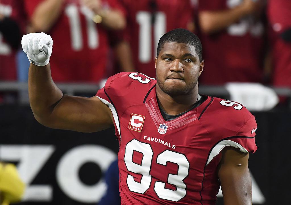 Calais Campbell waits to bump fists with his teammate