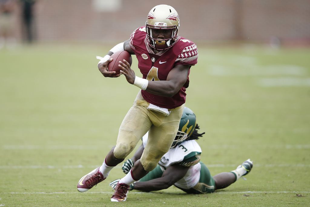 Dalvin Cook #4 of the Florida State Seminoles runs for a 24-yard touchdown against the South Florida Bulls.