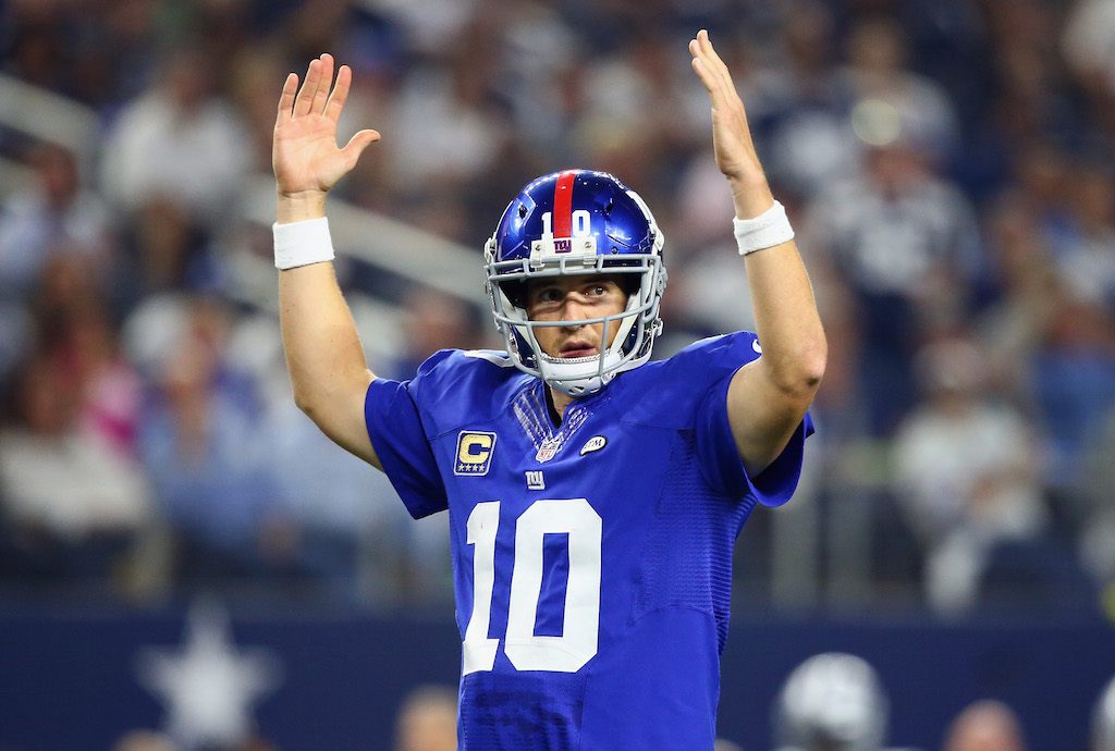 Eli Manning of the New York Giants celebrates a touchdown.