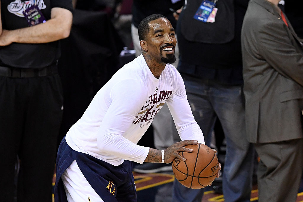 J.R. Smith of the Cleveland Cavaliers warms up.