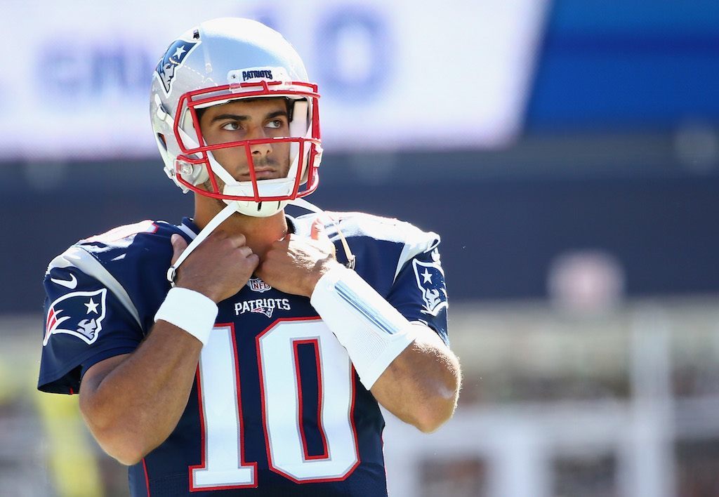 FOXBORO, MA - SEPTEMBER 27: Jimmy Garoppolo #10 of the New England Patriots looks on during the game against the Jacksonville Jaguars at Gillette Stadium on September 27, 2015 in Foxboro, Massachusetts. (Photo by Maddie Meyer/Getty Images)