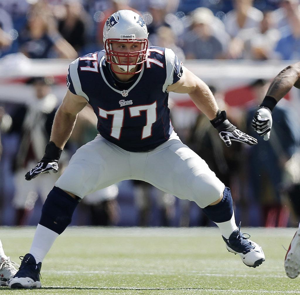 Nate Solder of the New England Patriots sets up in pass protection during a game in 2016.