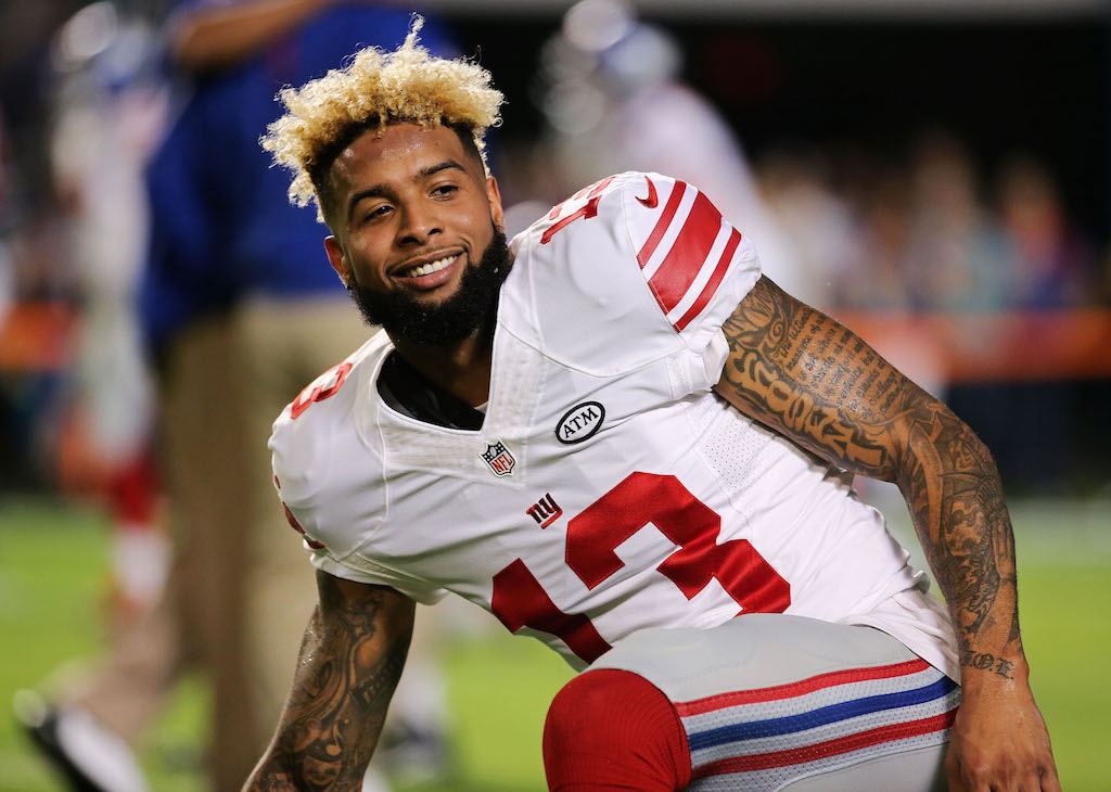 Odell Beckham #13 of the New York Giants warms up before a game.