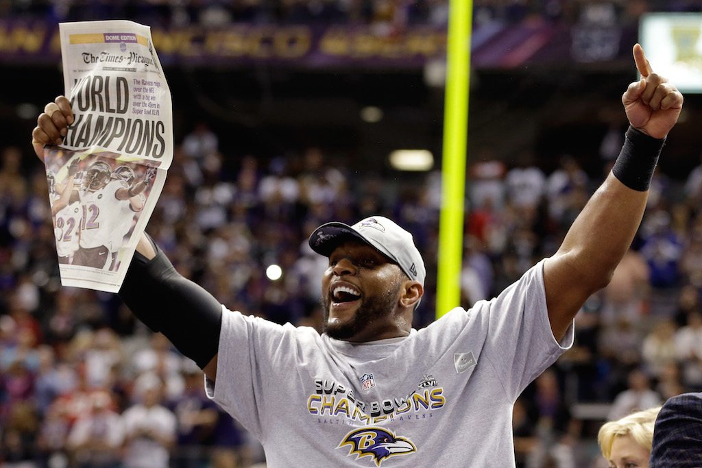 Ray Lewis celebrates winning the Super Bowl before he retires.