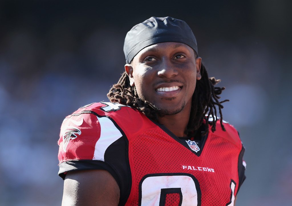 Roddy White smiles during warmups.