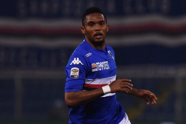 A sweaty Samuel Eto'o of Sampdoria runs across the field.