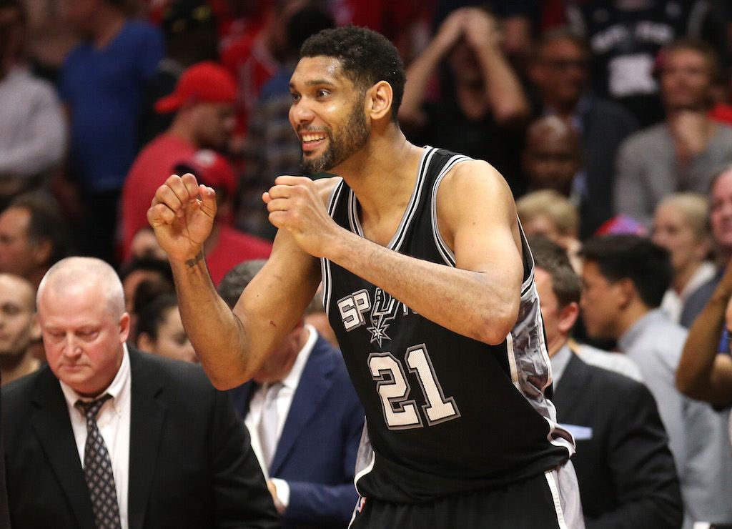 Tim Duncan celebrates during the 2015 NBA Playoffs. | Stephen Dunn/Getty Images