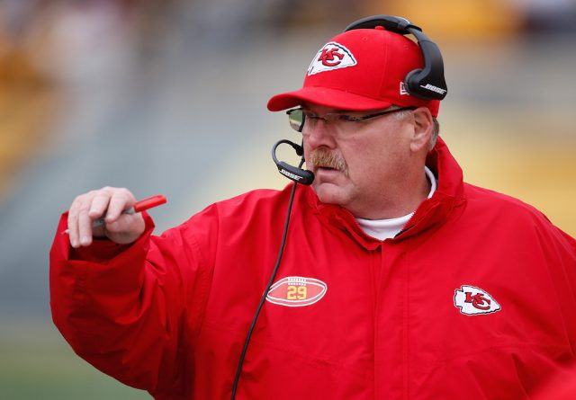 Head coach Andy Reid of the Kansas City Chiefs looks on during a game.
