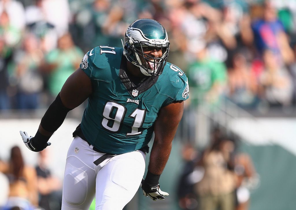 Fletcher Cox of the Philadelphia Eagles reacts to a sack.