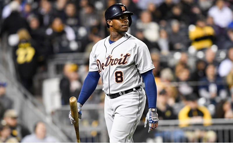 PITTSBURGH, PA - APRIL 13: Justin Upton #8 of the Detroit Tigers walks back to the dugout after striking out in the sixth inning during the game against the Pittsburgh Pirates at PNC Park on April 13, 2016 in Pittsburgh, Pennsylvania.