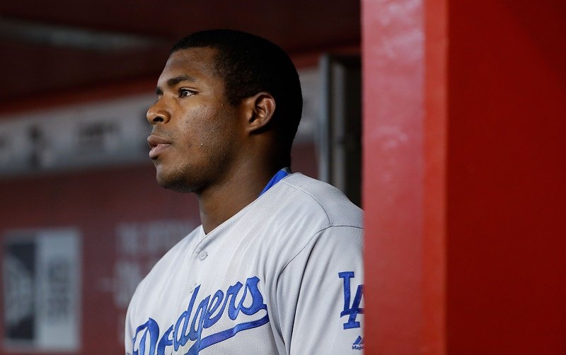 PHOENIX, AZ - JULY 17: Yasiel Puig #66 of the Los Angeles Dodgers reacts after a strike out against the Arizona Diamondbacks during the ninth inning of the MLB game at Chase Field on August 17, 2016 in Phoenix, Arizona.