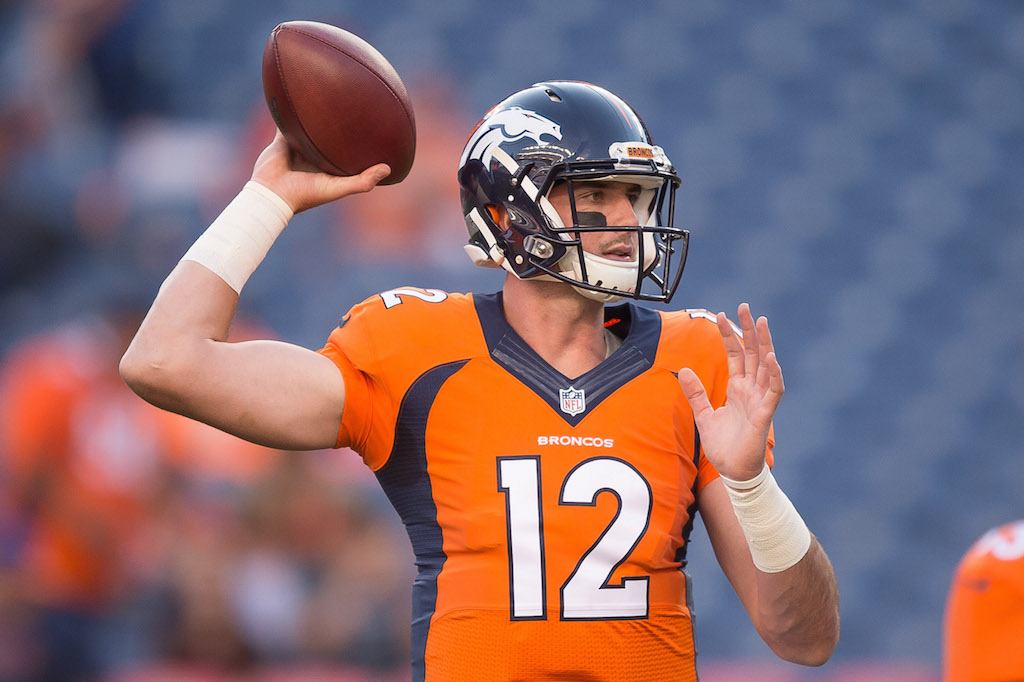 Quarterback Paxton Lynch of the Denver Broncos throws as he warms up.