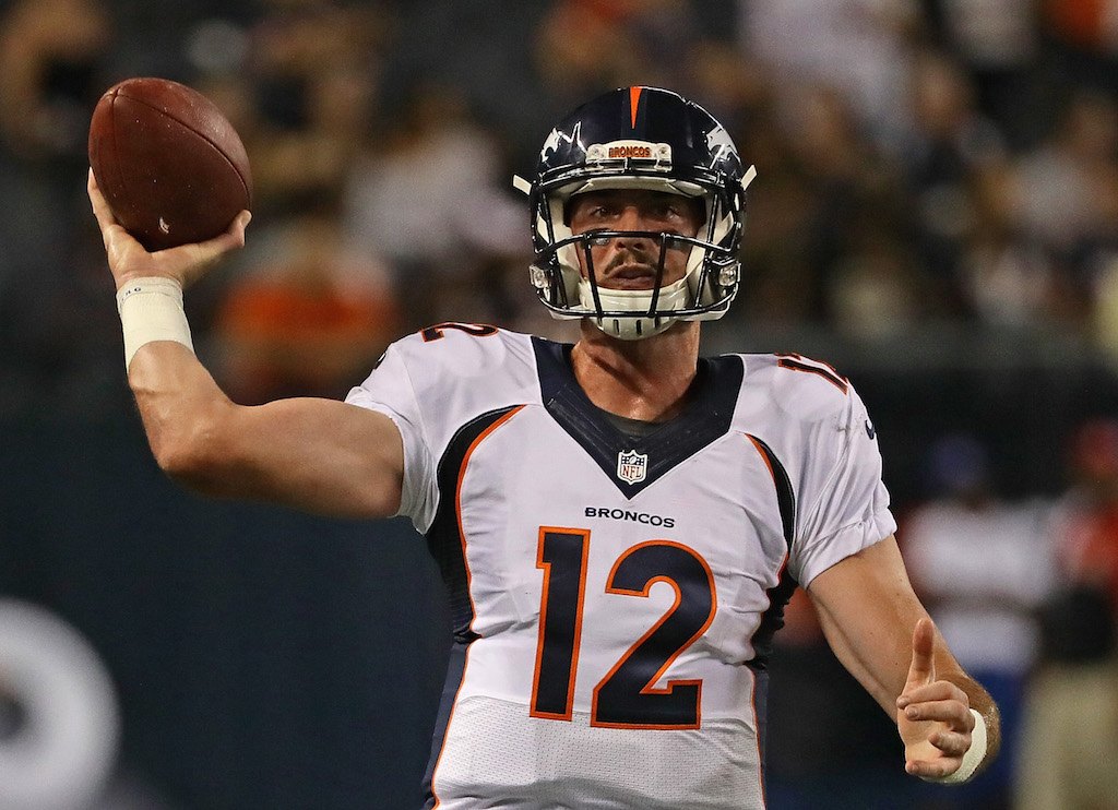 Paxton Lynch #12 of the Denver Broncos passes against the Chicago Bears.