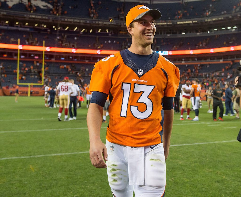 Quarterback Trevor Siemian of the Denver Broncos walks off the field.