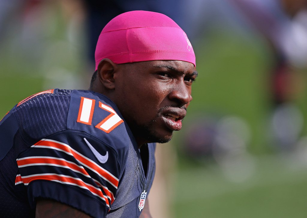 Alshon Jeffery, formerly of the Chicago Bears, sits prior to a game.