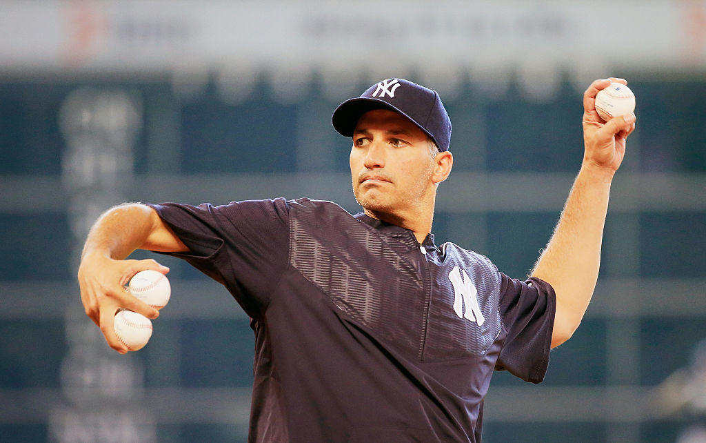 HOUSTON, TX - JUNE 25: Former Houston Astro and New York Yankee pitcher Andy Pettitte throws a pitch during batting practice prior to the game between the Yankees and Astros at Minute Maid Park on June 25, 2015 in Houston, Texas. (Photo by Scott Halleran/Getty Images)