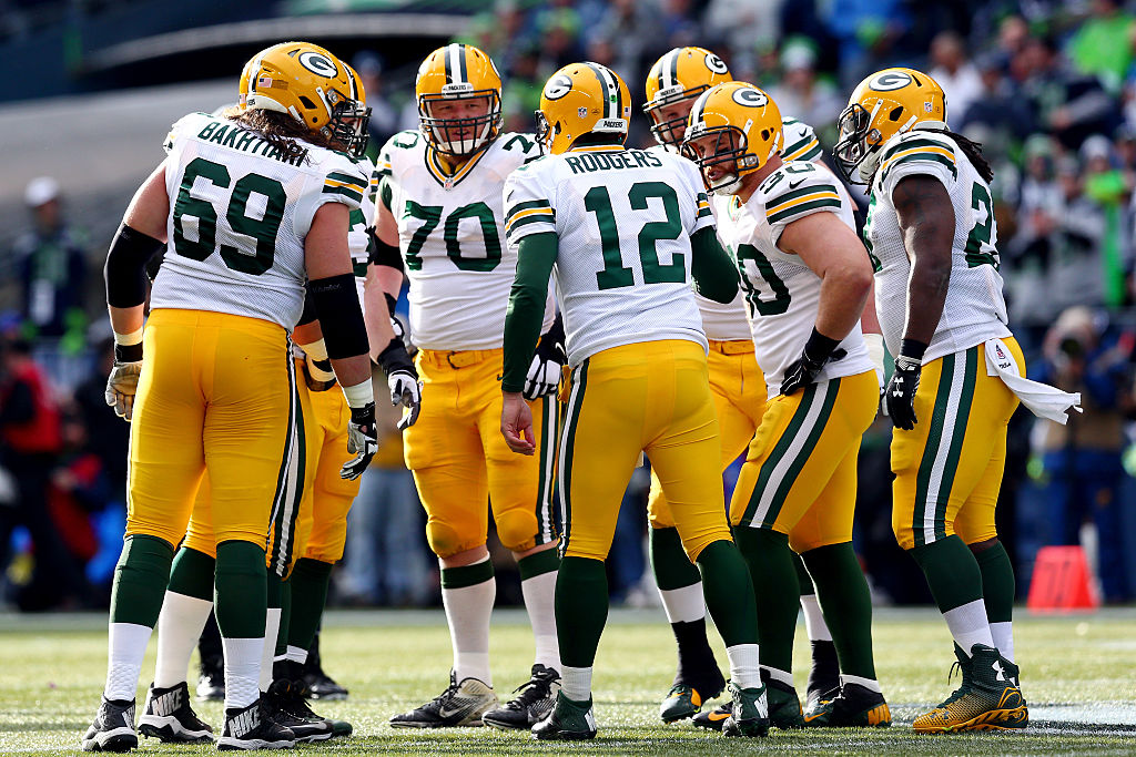 Aaron Rodgers of the Green Bay Packers calls a play.