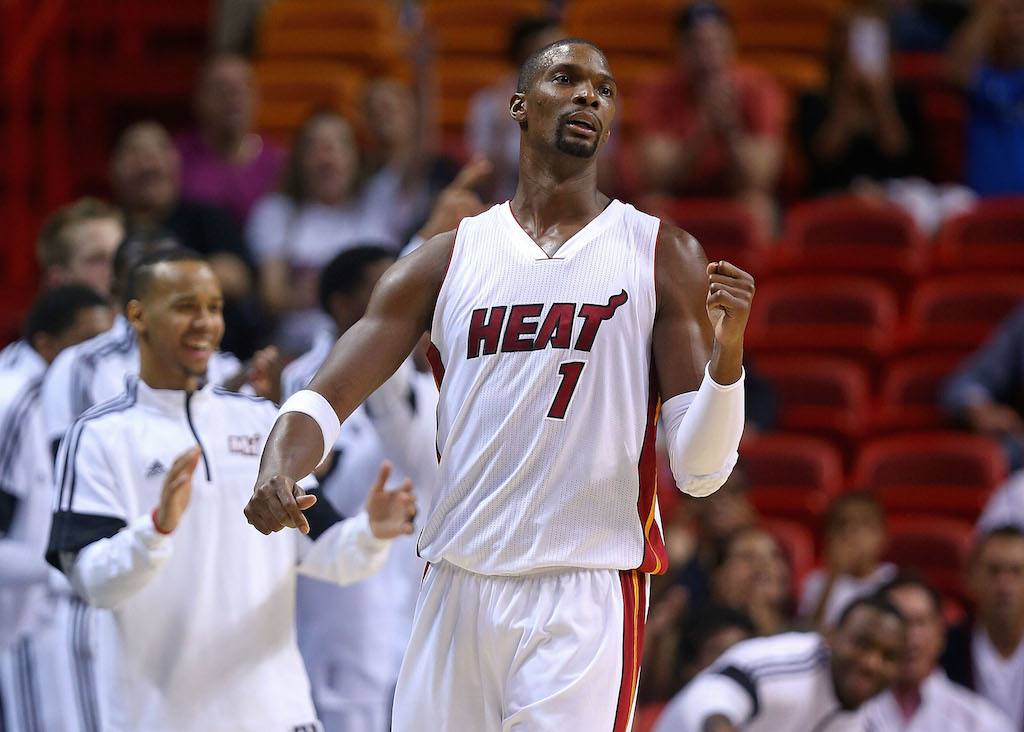 Chris Bosh celebrates a bucket.