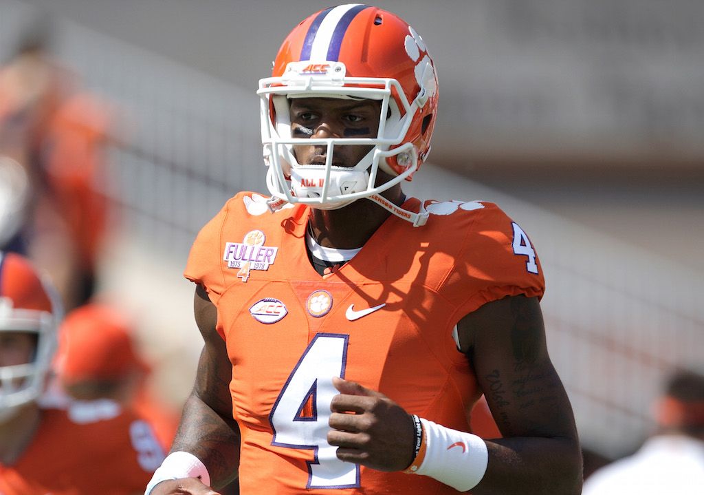 Deshaun Watson #4 of the Clemson Tigers warms up.