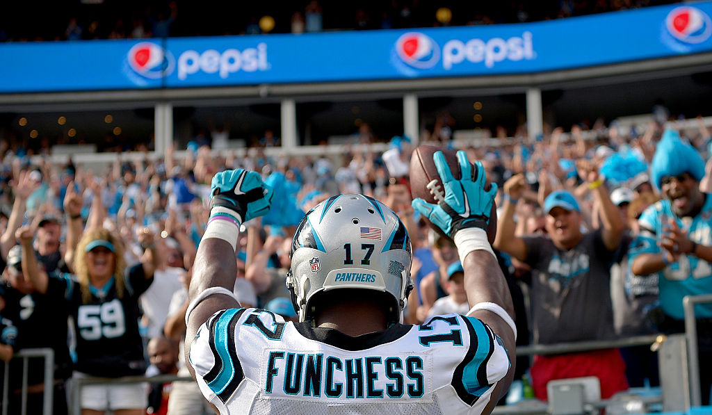 Devin Funchess #17 of the Carolina Panthers salutes the crowd after scoring a touchdown against the San Francisco 49ers in the 4th quarter during the game at Bank of America Stadium on September 18, 2016 in Charlotte, North Carolina. | Grant Halverson/Getty Images
