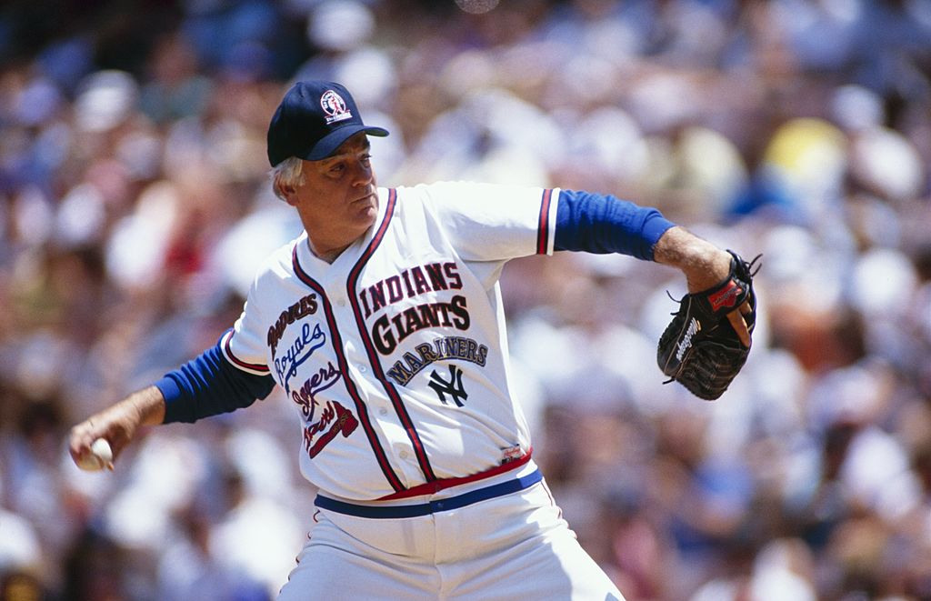 Gaylord Perry pitches in an Old Timers Game.