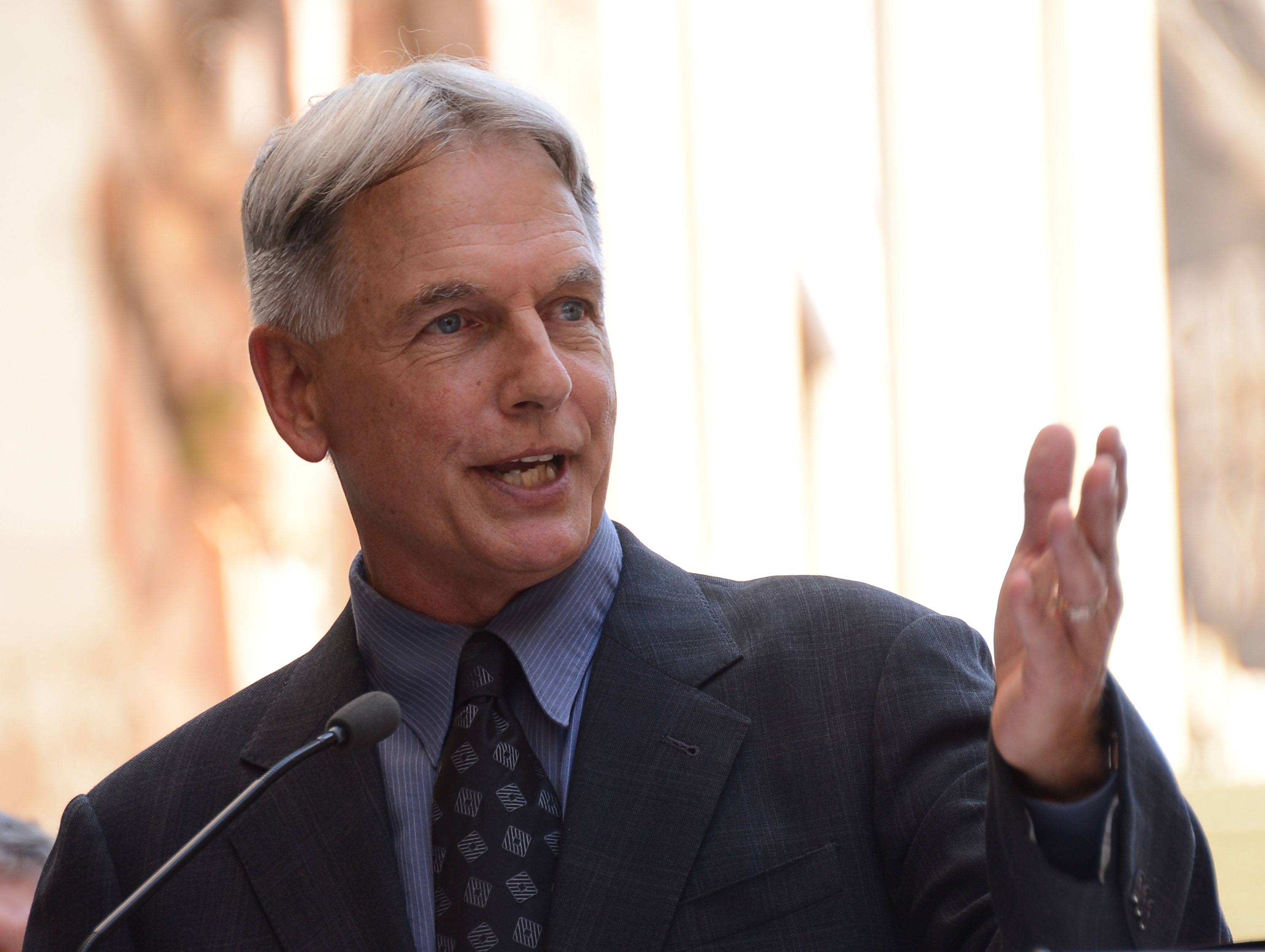 Mark Harmon talks at a media event.